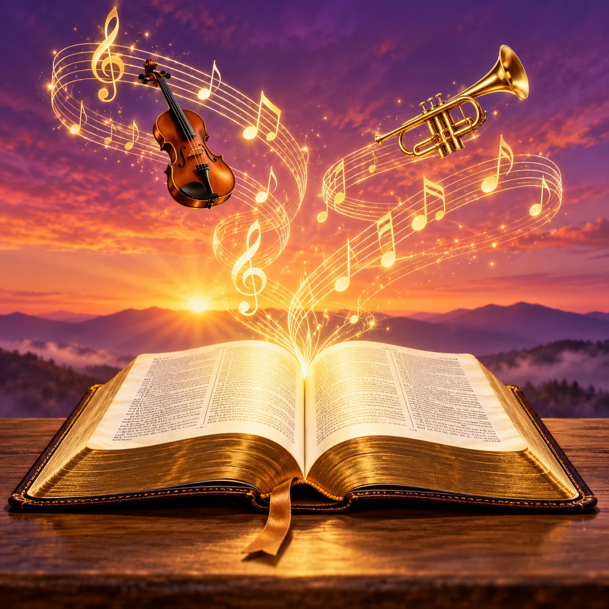 An open Bible with golden musical notes and instruments rising from its pages