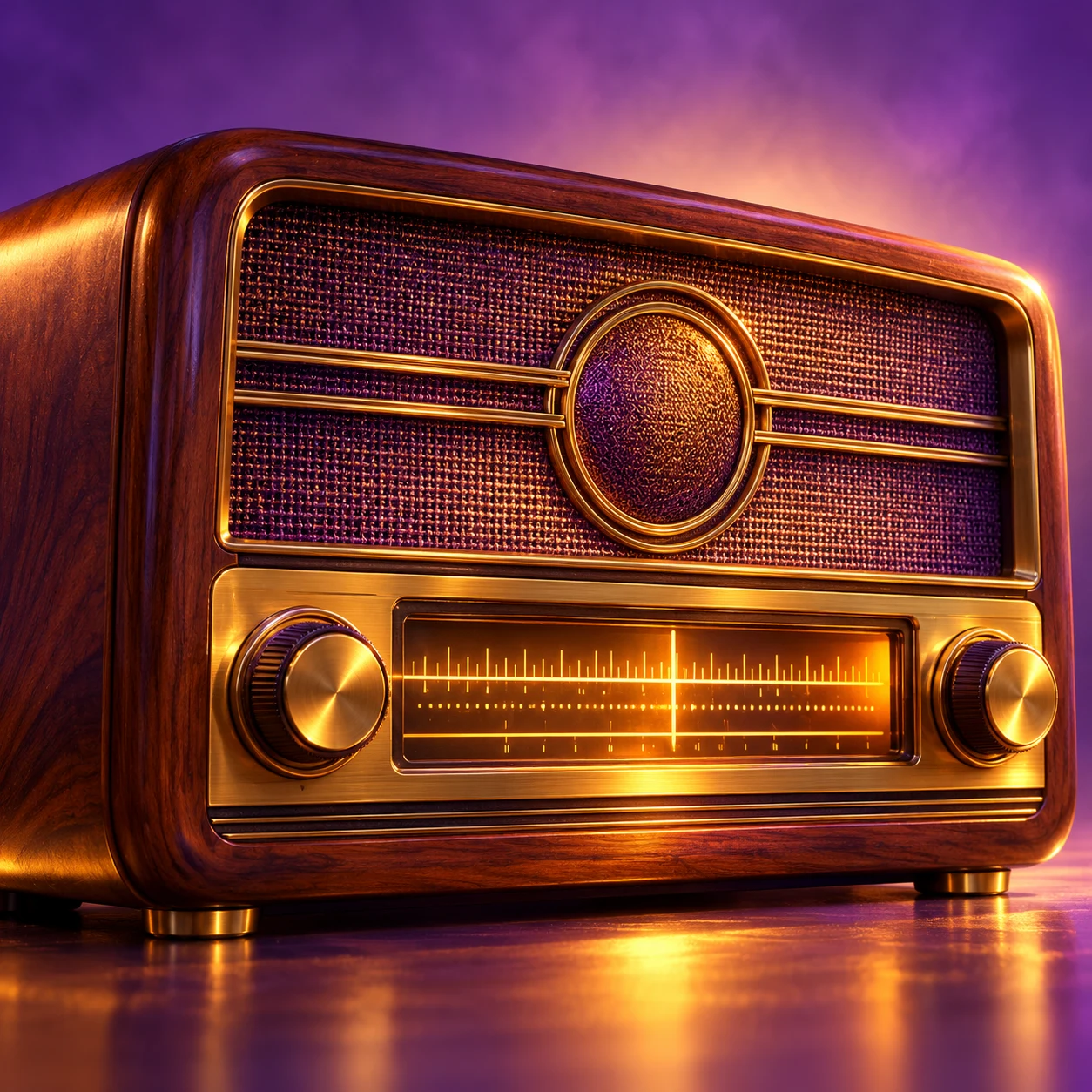 Vintage radio with a glowing gold tuning display